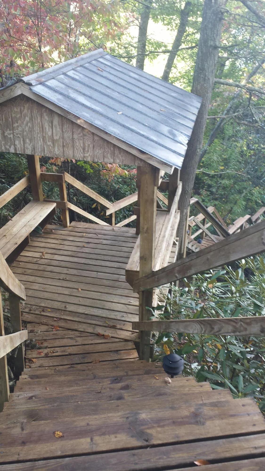 Metal roofed shelter over wooden steps on a wooded walkway — Skylight Repair & Installation work by our crew in Edgemoor